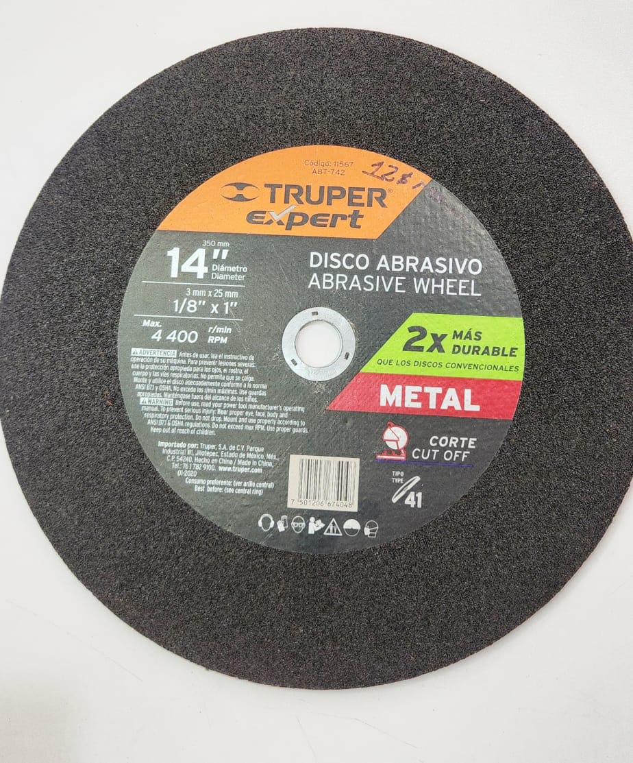 11567 DISCO ABRASIVO CORTE METAL 14"X1 TRUPER ABT-742
