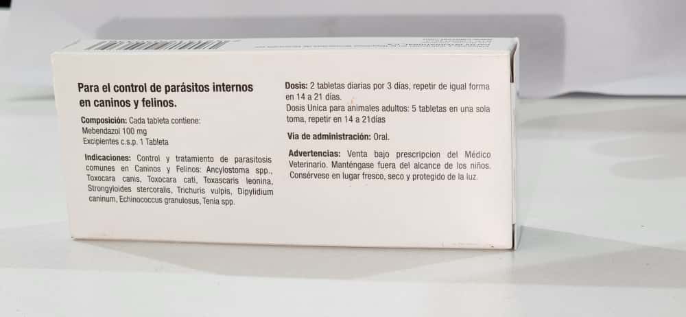 MEBENDAZOL DESPARASITANTE PARA PERROS Y GATOS 100 mg