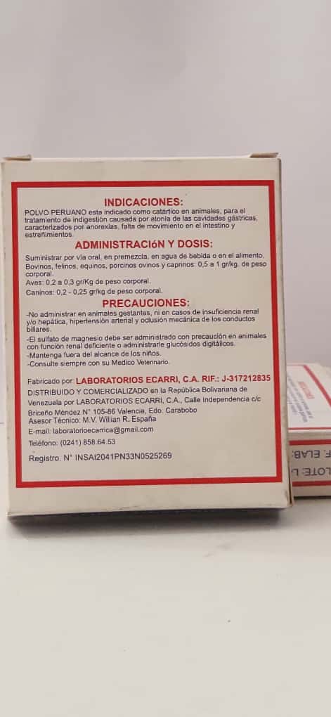 Polvo Peruano, Ecarri Purgante De Uso Veterinario Cont 60 gr