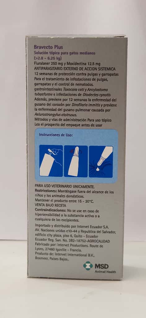 Bravecto Plus 2,8 - 6,25 Kg 0,89 ml 250 mg PIPETA Gatos Medianos