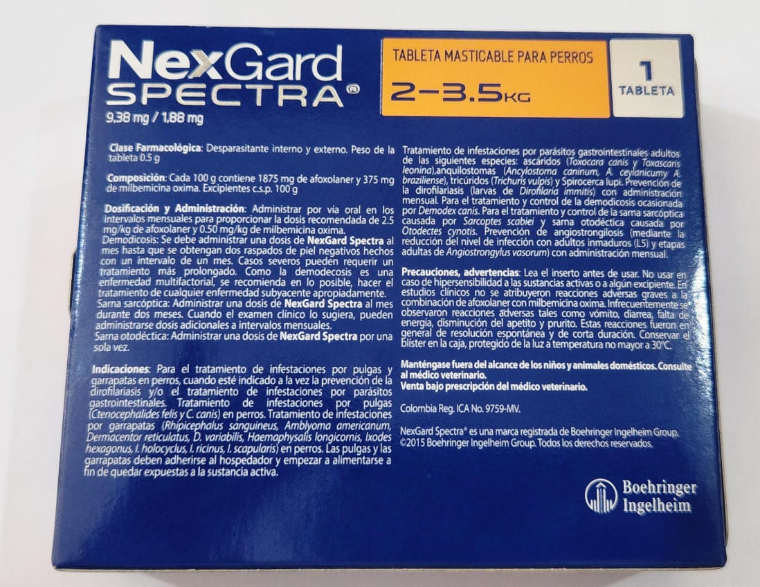 Desparasitante para Perros 2-3.5 kg NexGar Spectra Cont 1 Tableta Masticable