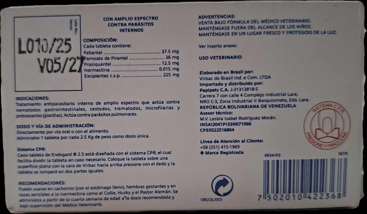Endogard Endoparasiticida Perros Chicos 2.5 kg Cont 2 Tab