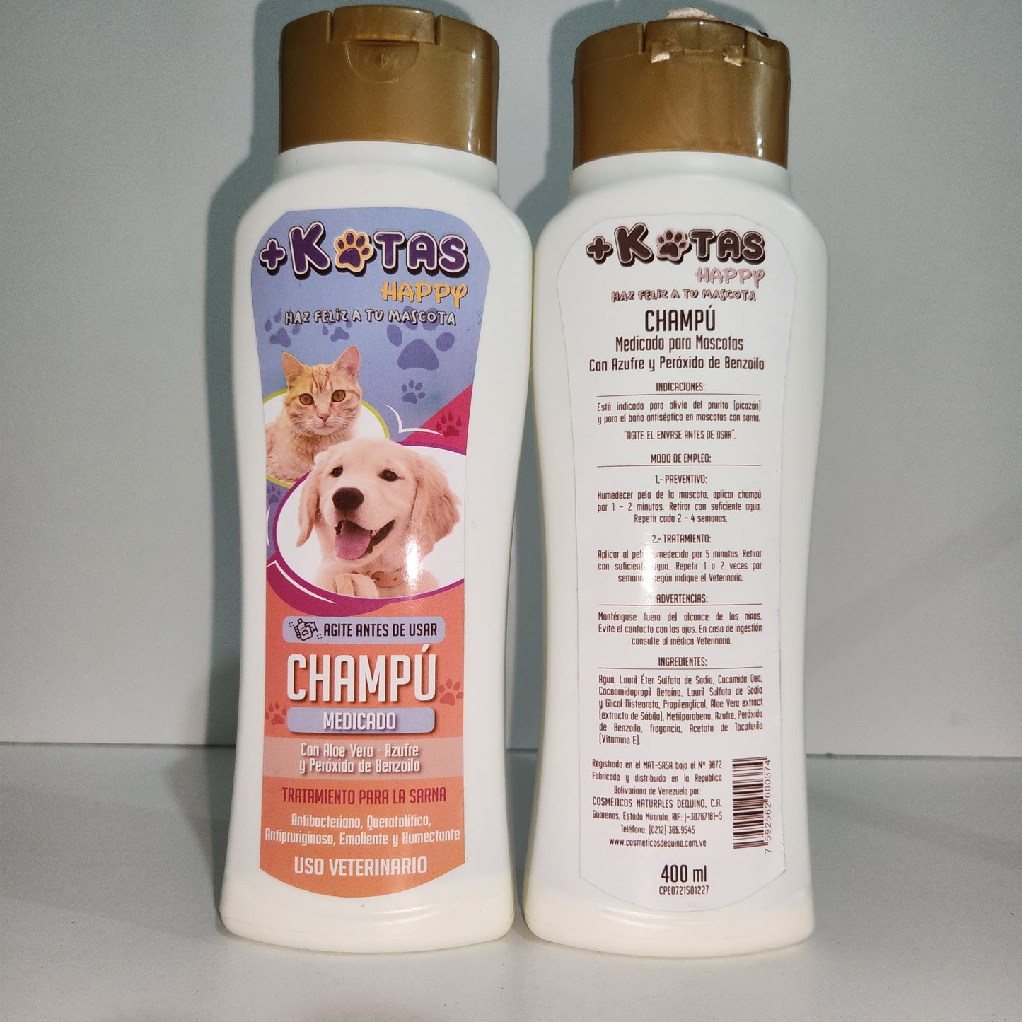 CHAMPÚ MEDICADO +KOTAS CON ALOE VERA - AZUFRE - PEROXIDO DE BENZOLIO. CONT NET 400 ml. TRATAMIENTO PARA LA SARNA. USO VETERINARIO.