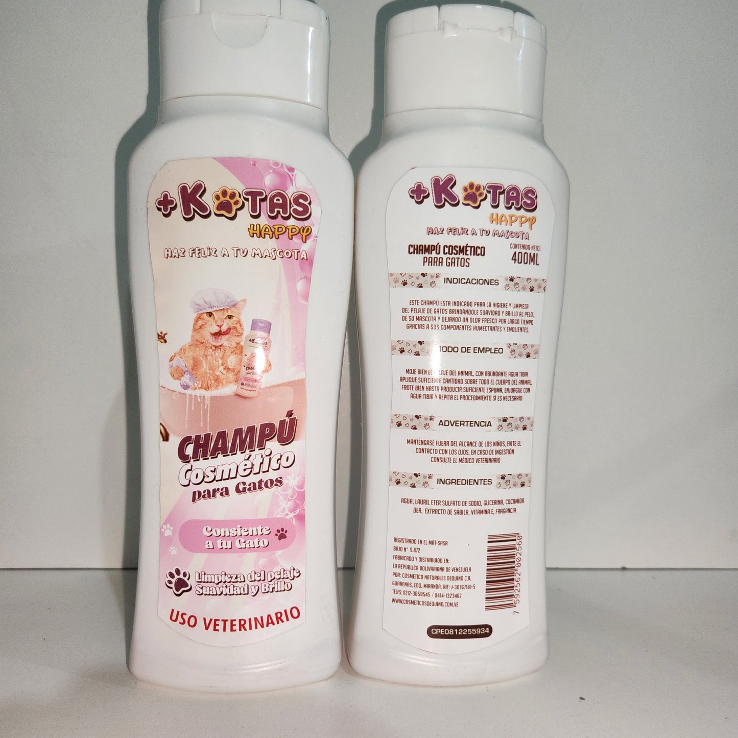 CHAMPÚ COSMÉTICOS PARA GATOS +KOTAS CONTIeNE GLICERINA Y VITAMINA E. CONT NETO 400 ml.