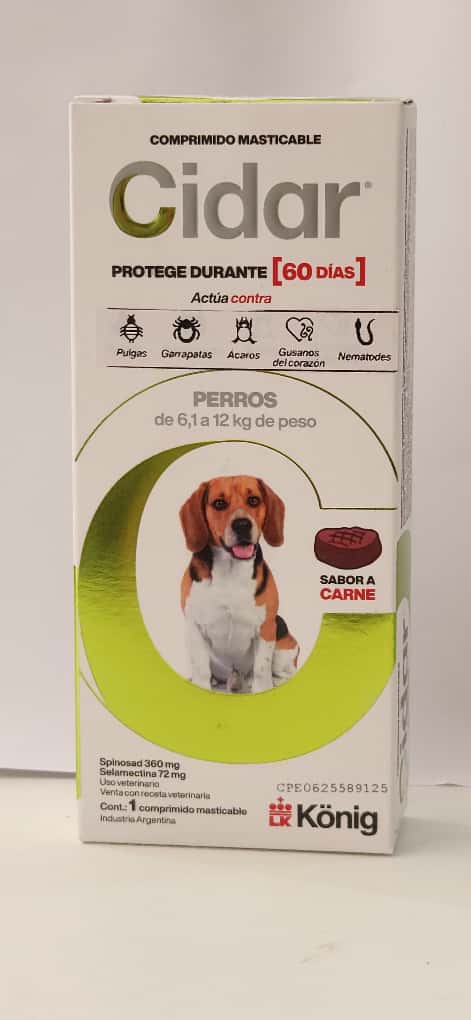 Cidar 6,1 A 12kg Tableta Contra Garrapatas Y Pulgas Perros Cont 1 Comprimido Masticable