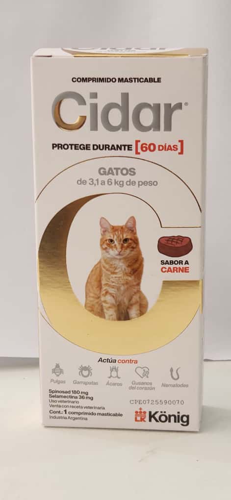 Cidar 3,1 A 6kg Tableta Contra Garrapatas Y Pulgas P/ Gatos Cont 1 Comprimido Masticable
