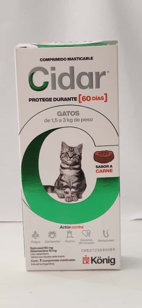 Cidar 1,5 A 3kg Tableta Contra Garrapatas Y Pulgas P/ Gatos Cont 1 Comprimido Masticable