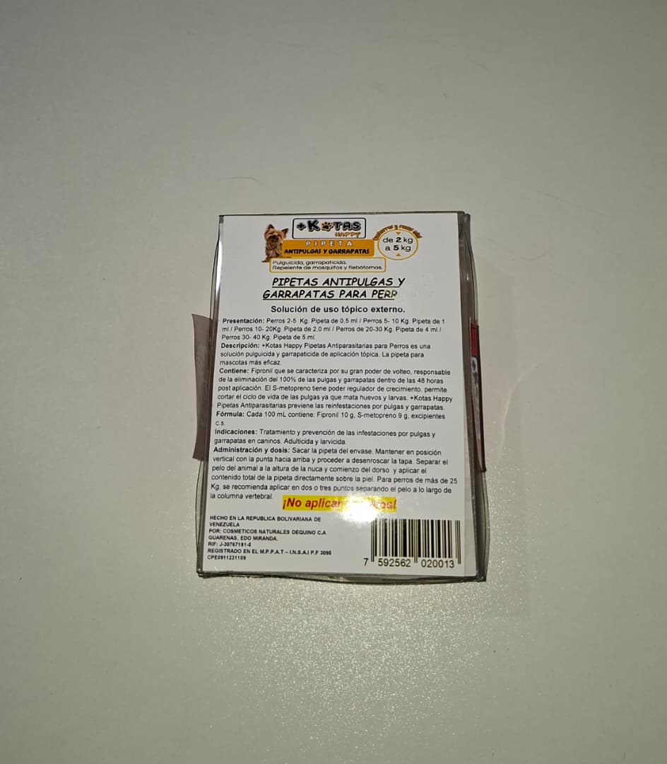 Pipeta Antipulgal y Garrapatas +Kotas de 2 kg a 5 kg. 90 Días de Efectividad