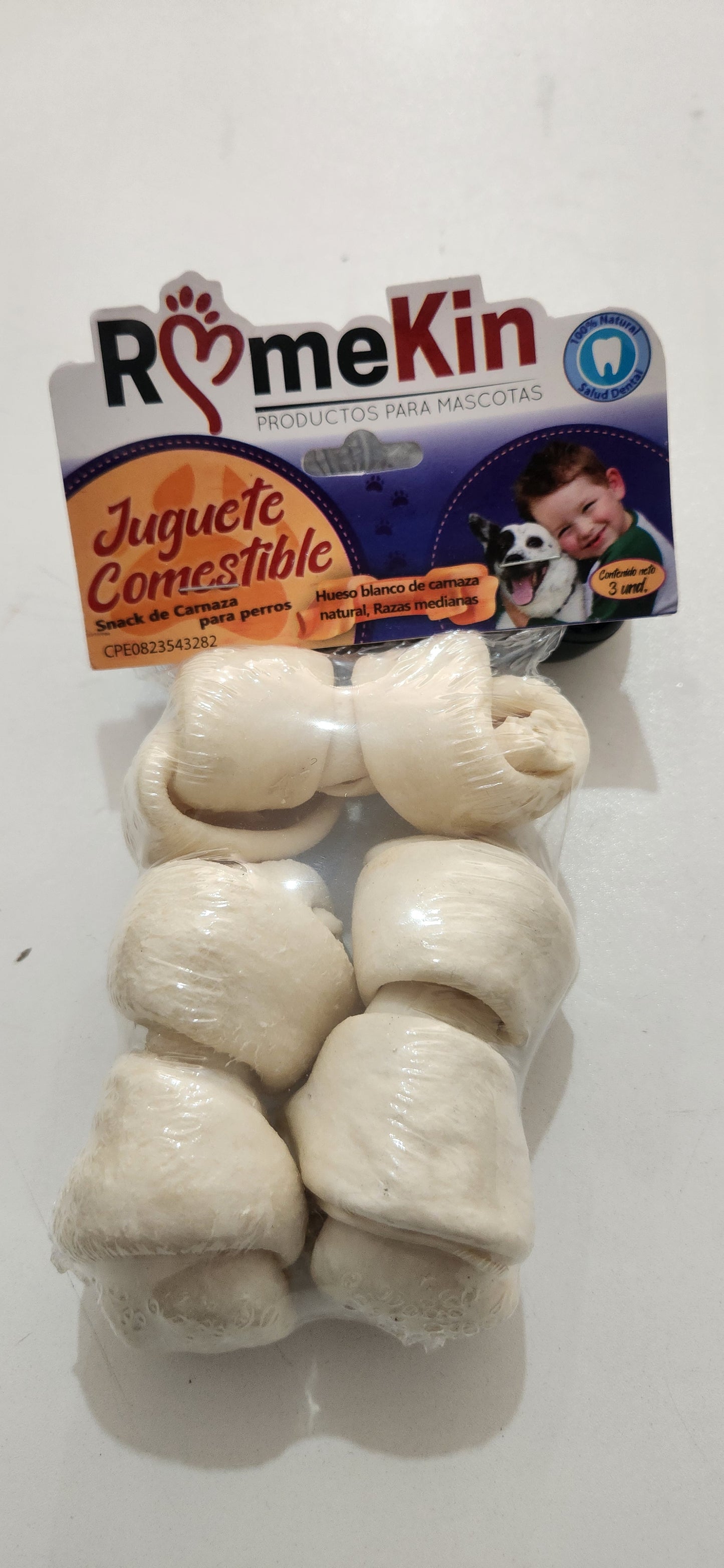 JUGUETE SNACK 3 HUESOS CARNAZA COMESTIBLE ROMEKIN PARA PERRO