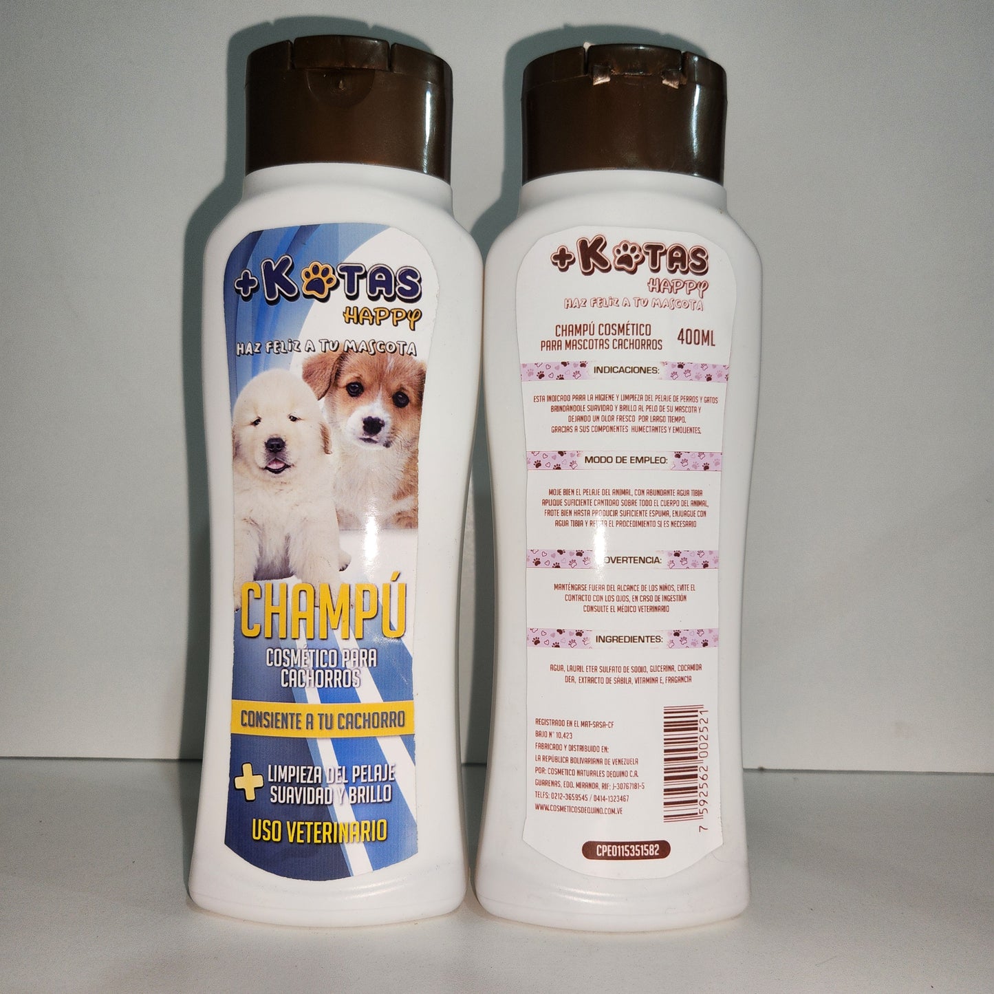 CHAMPÚ COSMÉTICO PARA CACHORRO +KOTAS CONTIENE VITAMINA E GLICERINA SABILA. CONT NETO 400 ml