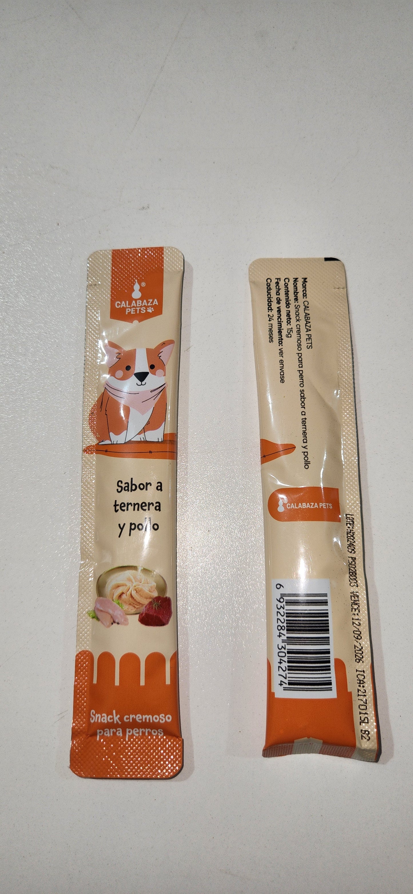 CALABAZA PETS SNACK CREMOSO PARA PERROS SABOR A TERNERA Y POLLO CONT 15 g